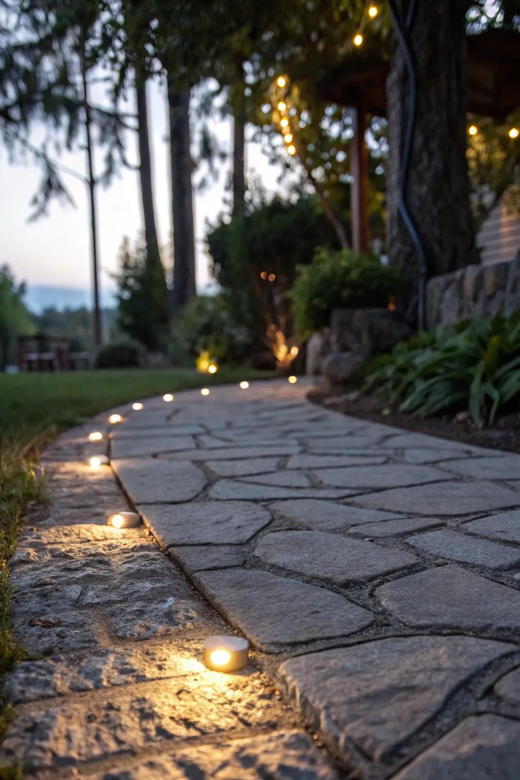 Stone-set lights for rustic charm.