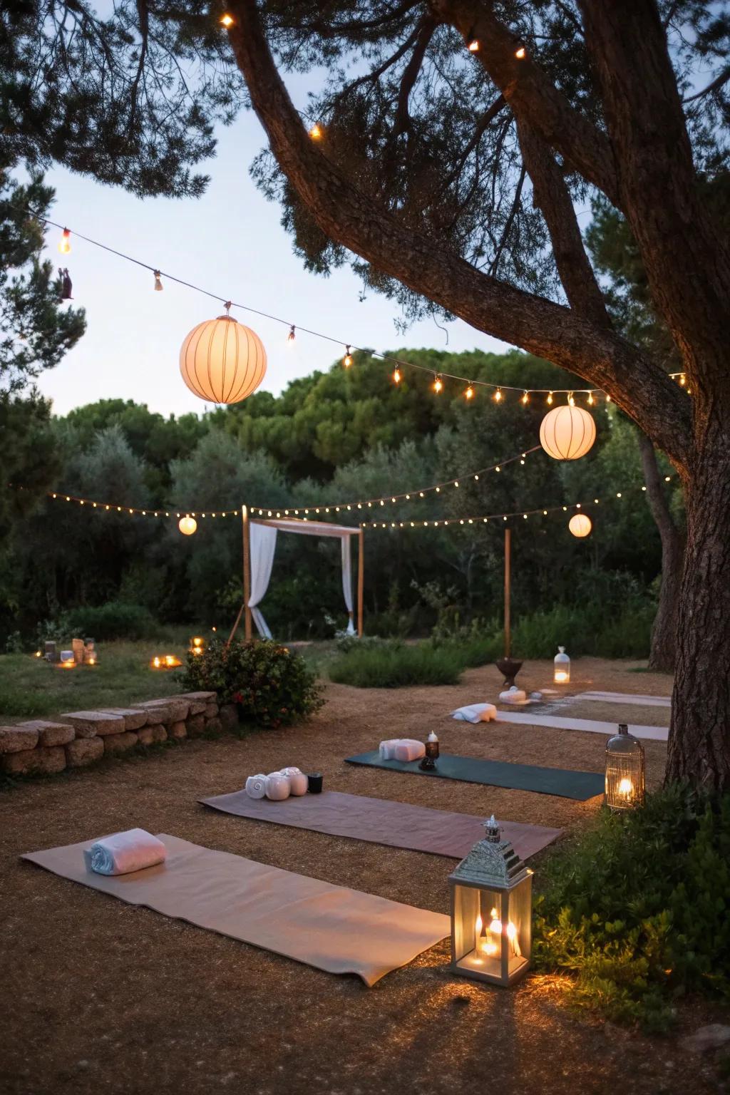 Soft lighting sets a peaceful mood for yoga.