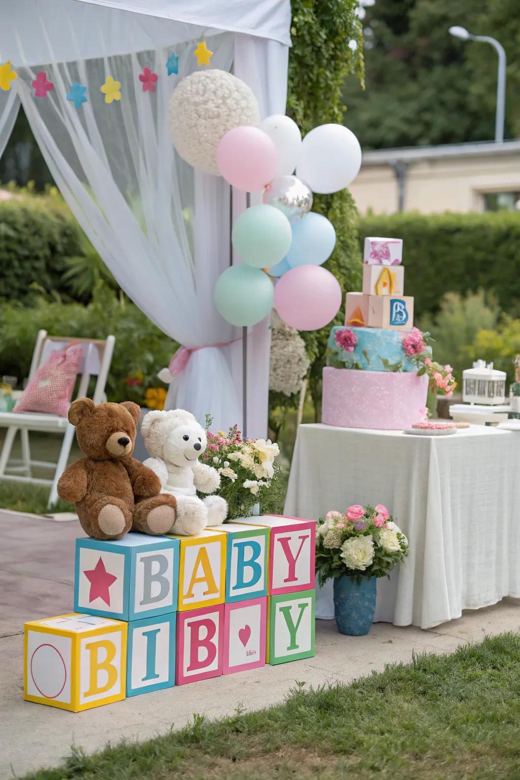 Delightful baby-centric decorations lend charm to the outdoor layout.