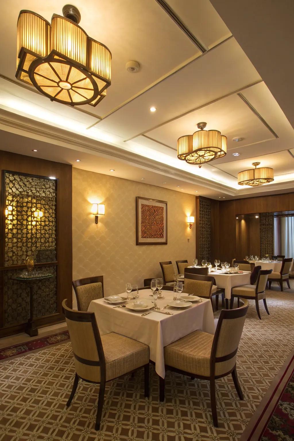 Tiered lighting grants adaptability and atmosphere.