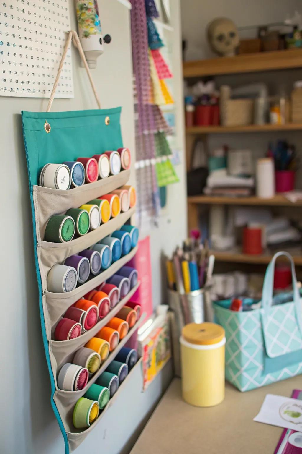 A pocket organizer repurposed for storing small paint cans.