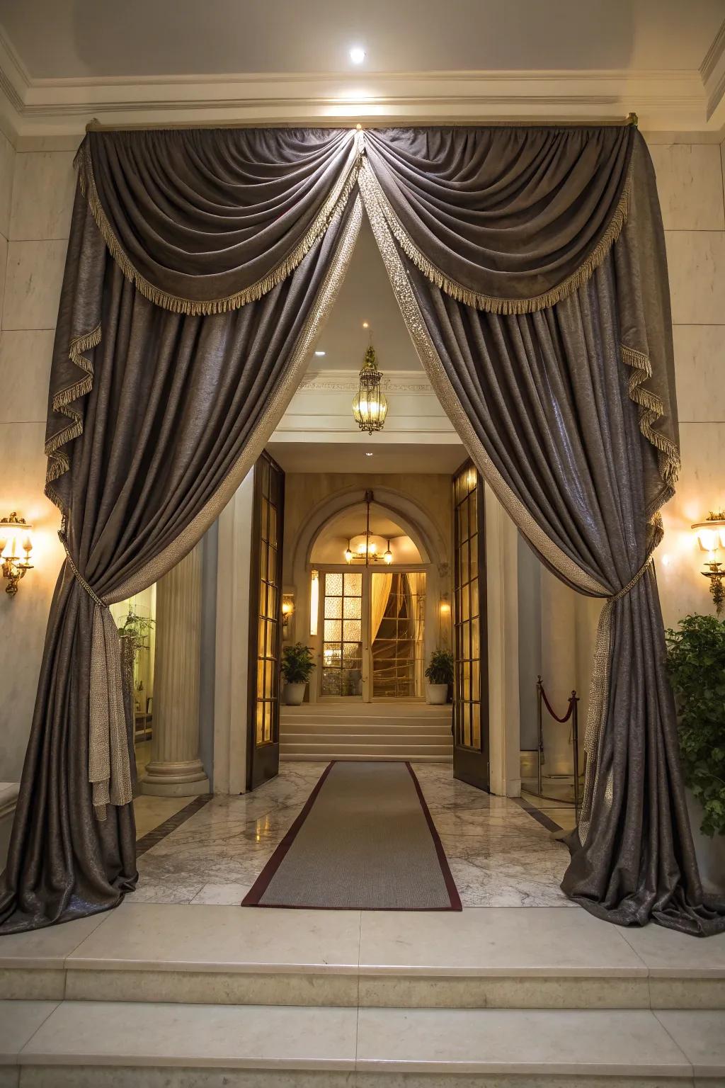 Lavish fabric drapes introduce sophistication and elegance to your entryway.