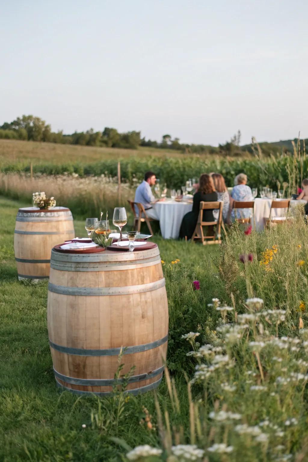 Pasture setting using wine barrels as tables.