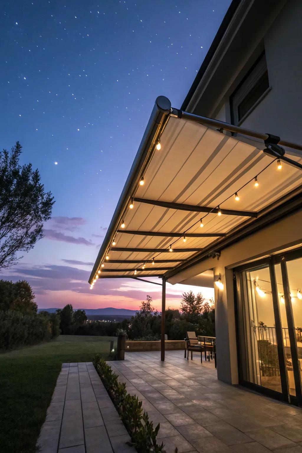 Awnings with integrated lighting establish a cozy nighttime atmosphere.