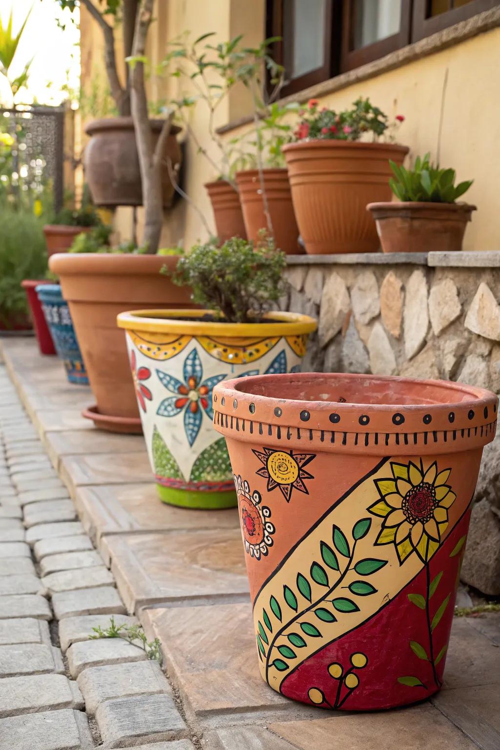 Colorfully painted terra cotta pots adding charm to a patio.