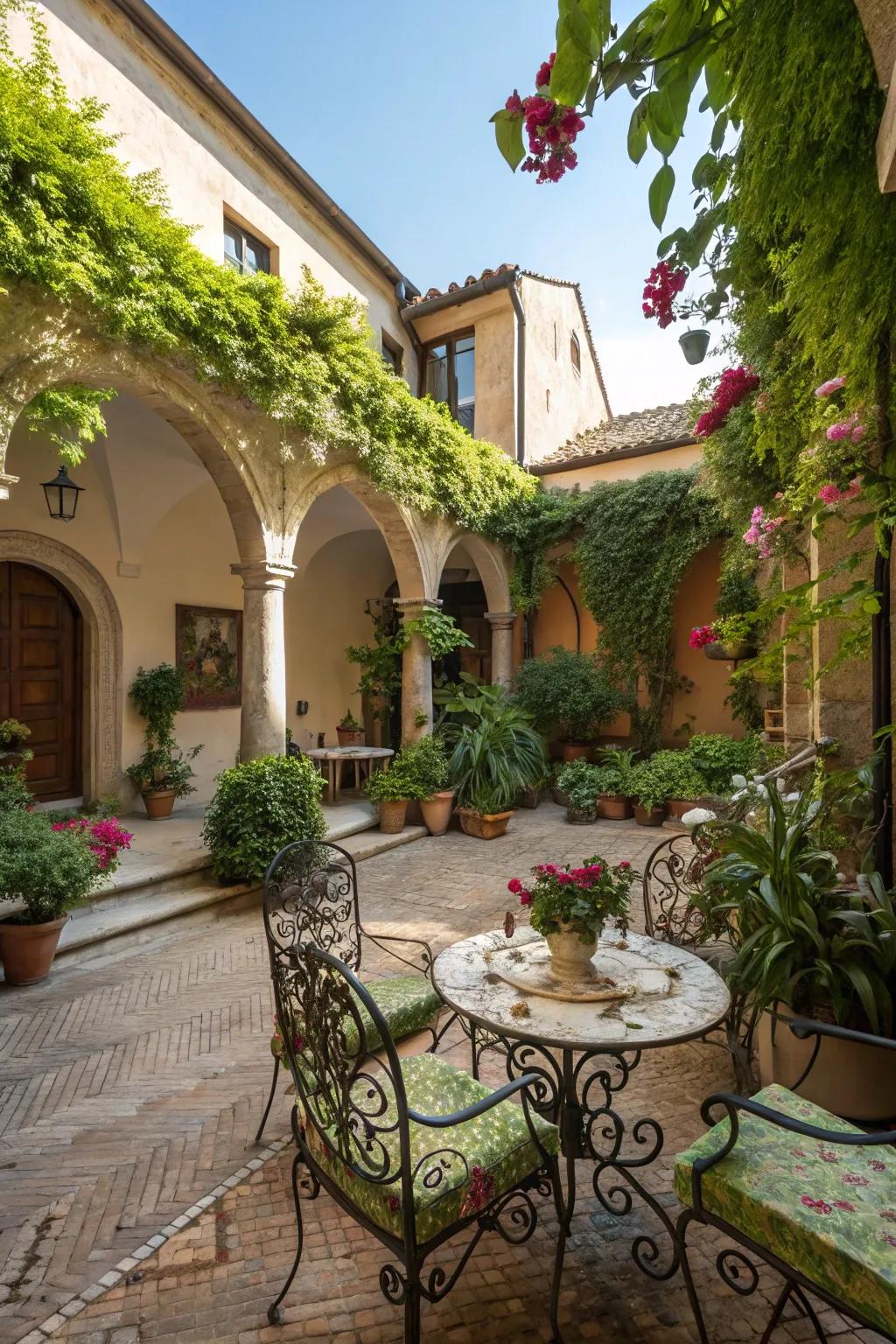 Metal furniture adds sophistication to this garden patio.