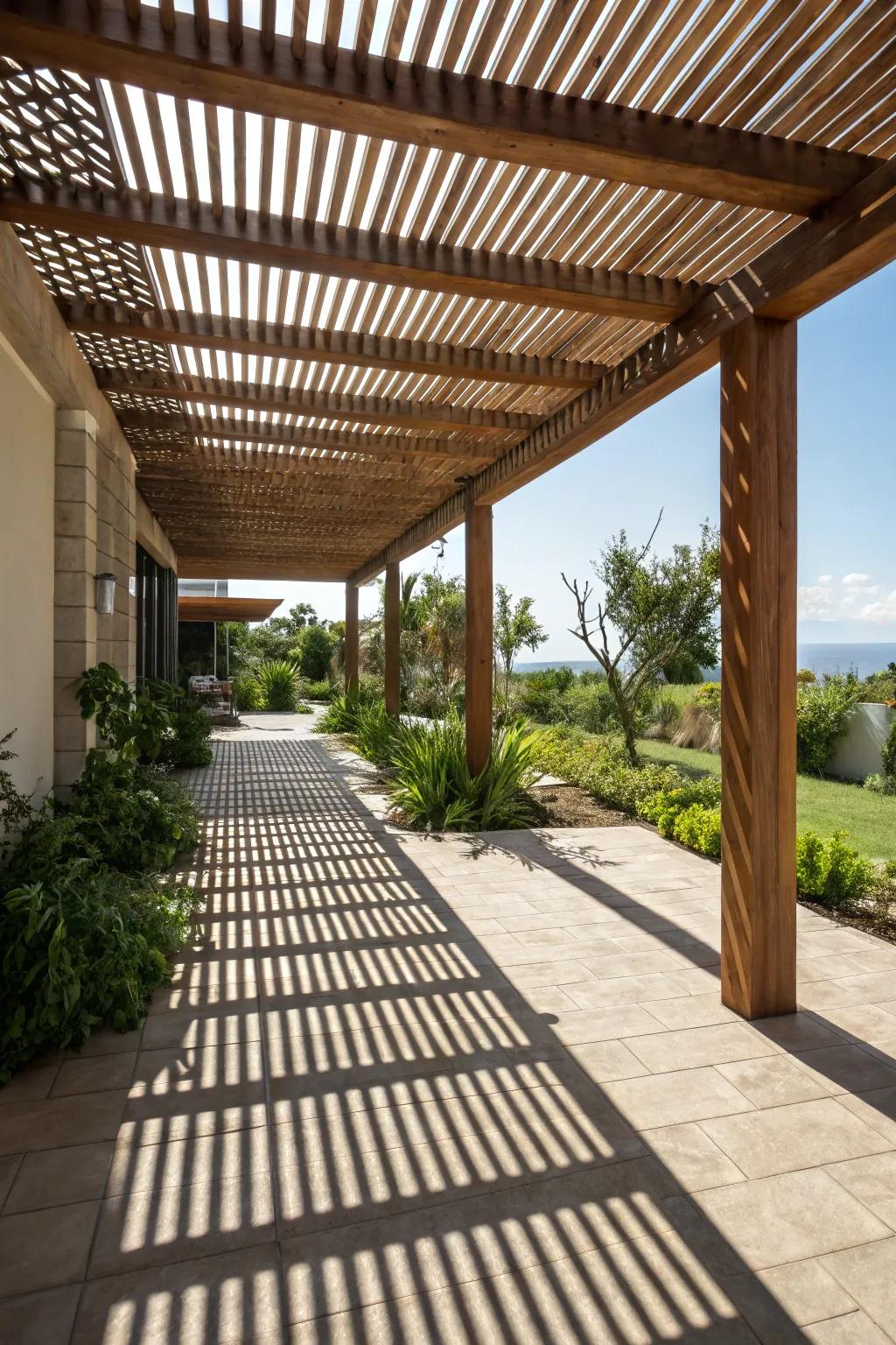 Slat roofs introduce rustic charm and partial shade to any patio.