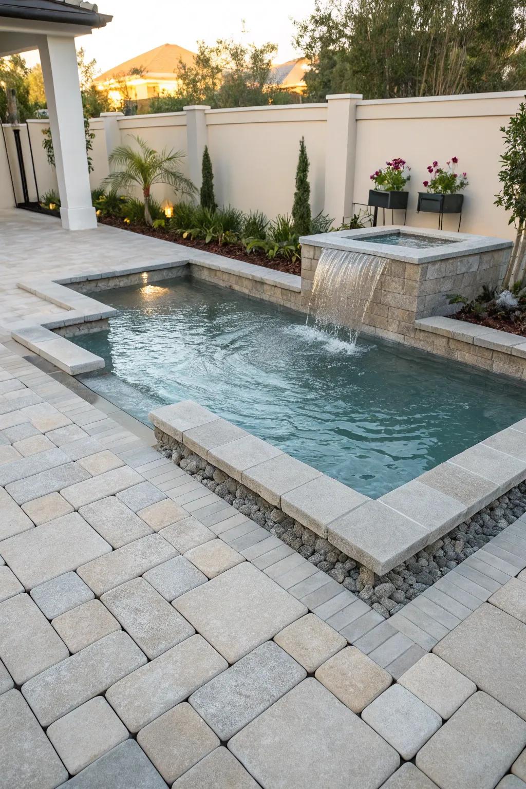A liquid feature introduces a soothing and lavish element to the pool area.