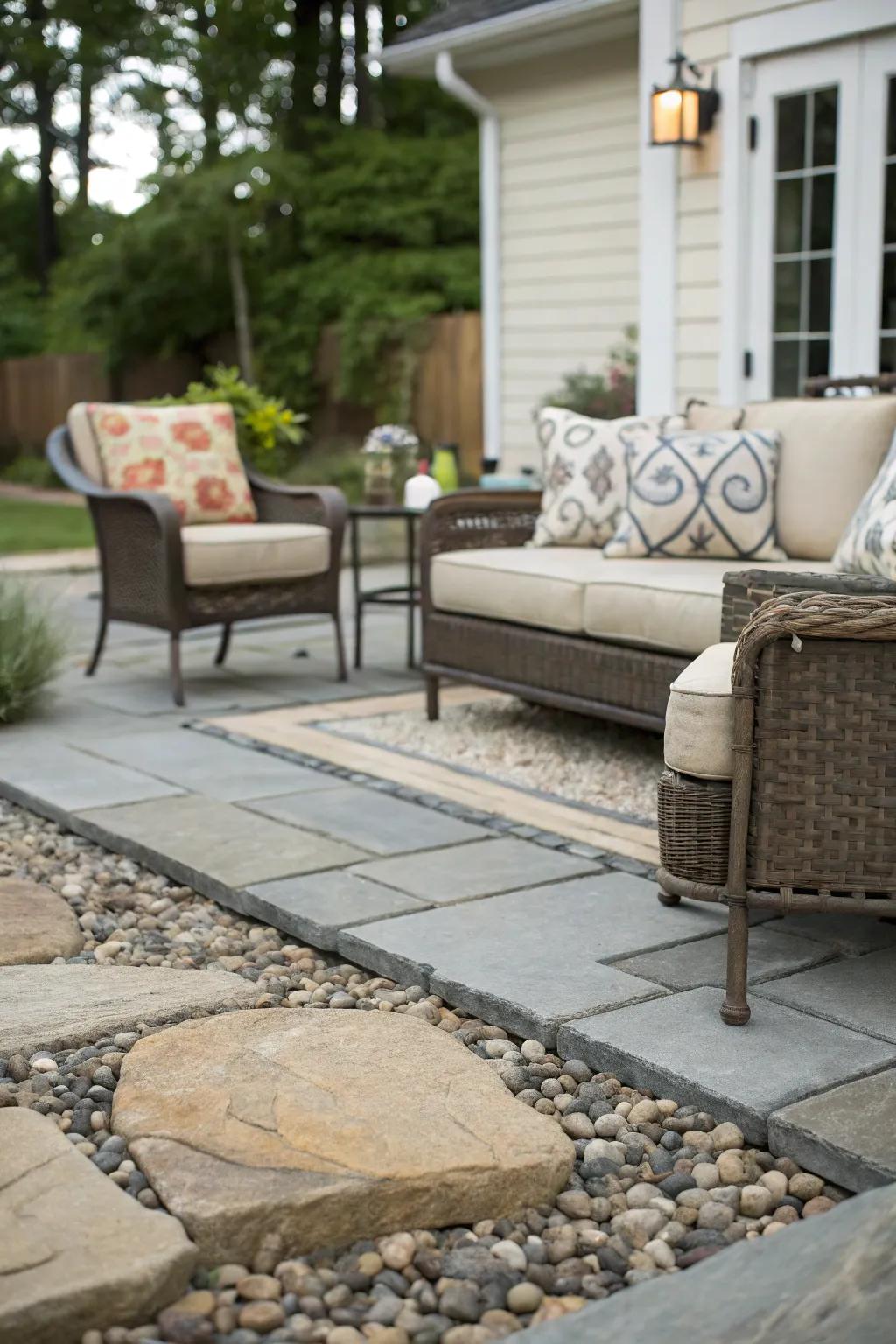 Refined outdoor patio with blended surfaces.
