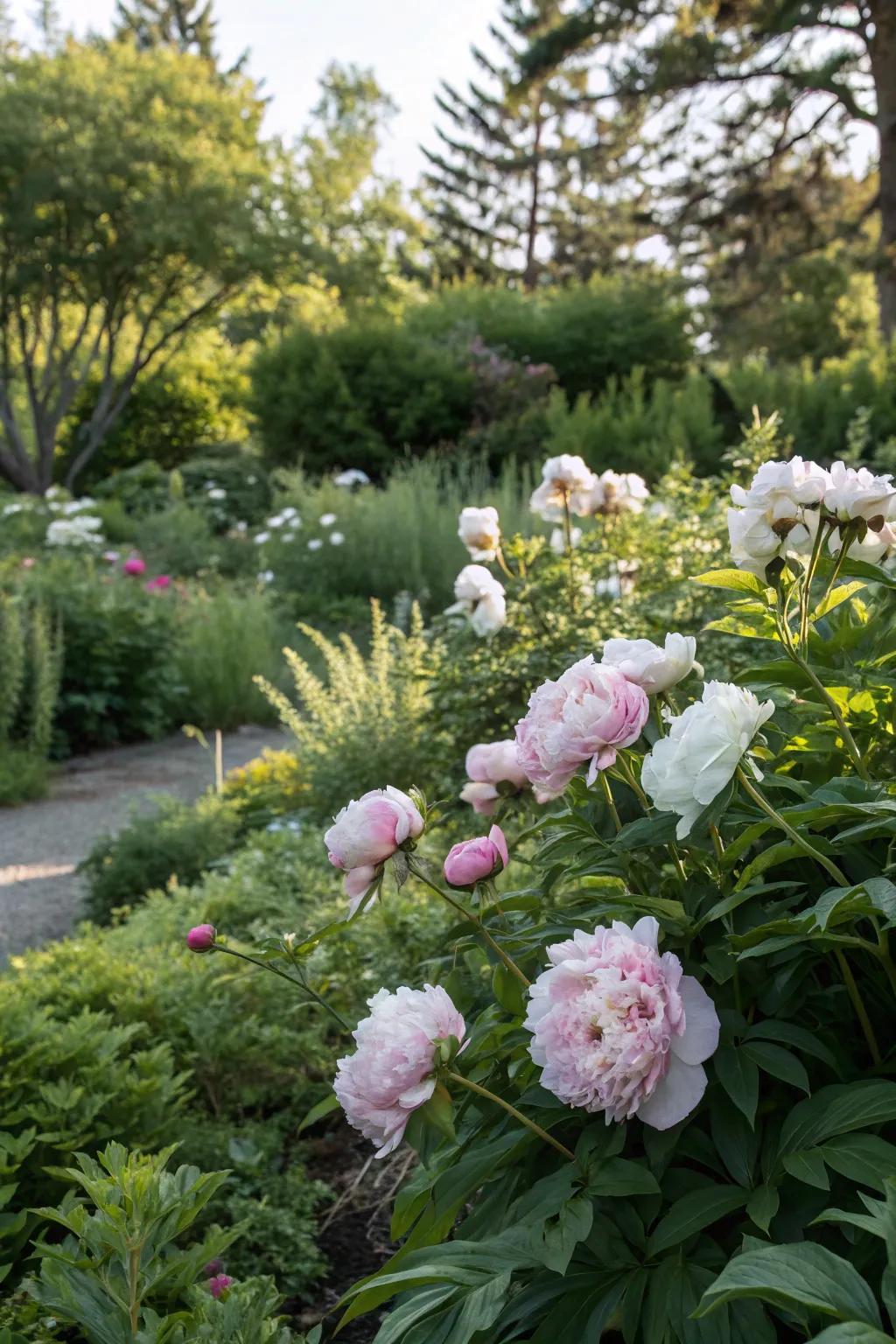 Abundant foliage highlights the vivid hues of peonies.
