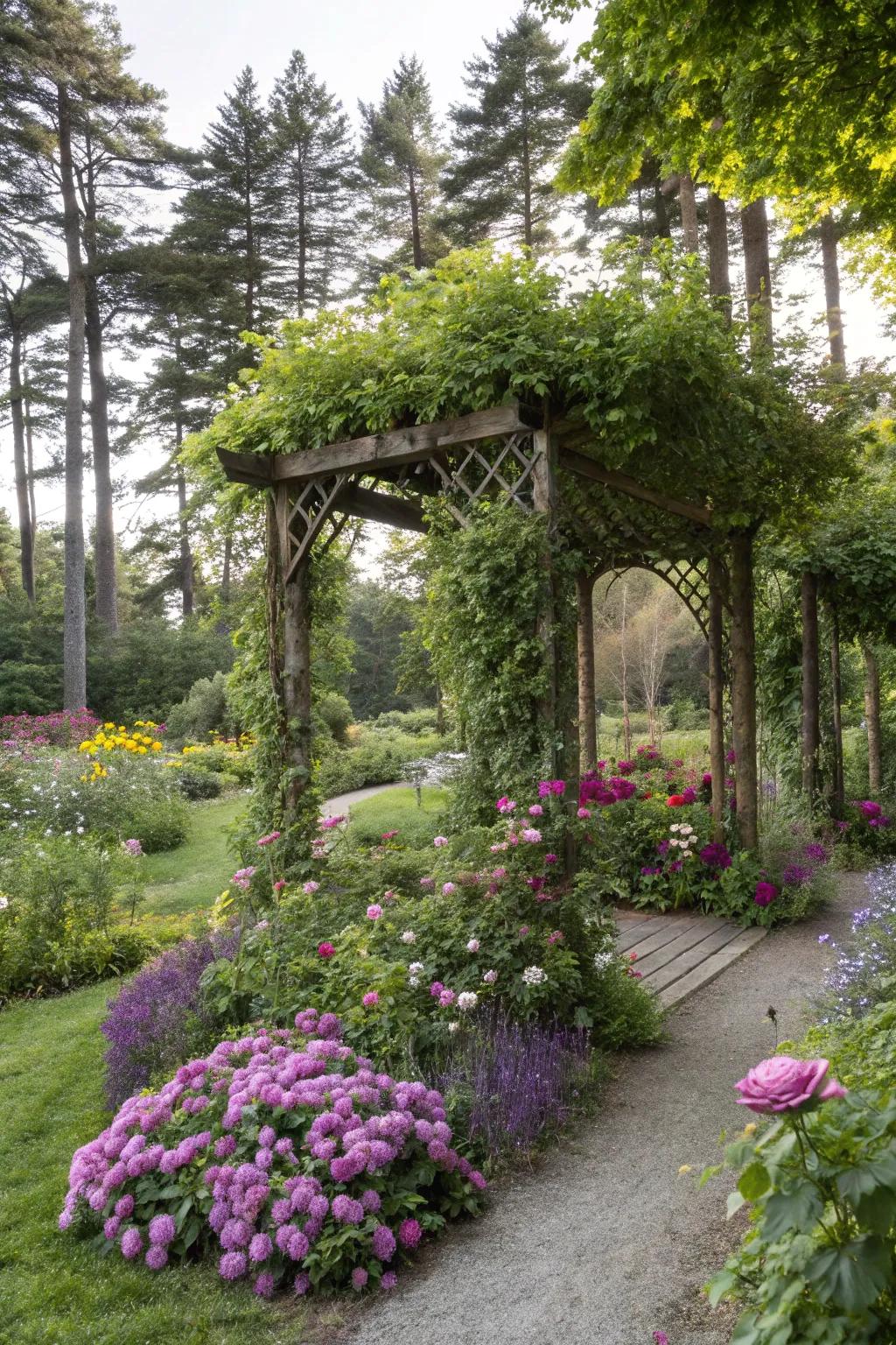Create a hidden garden vibe with rich foliage around your arbor.