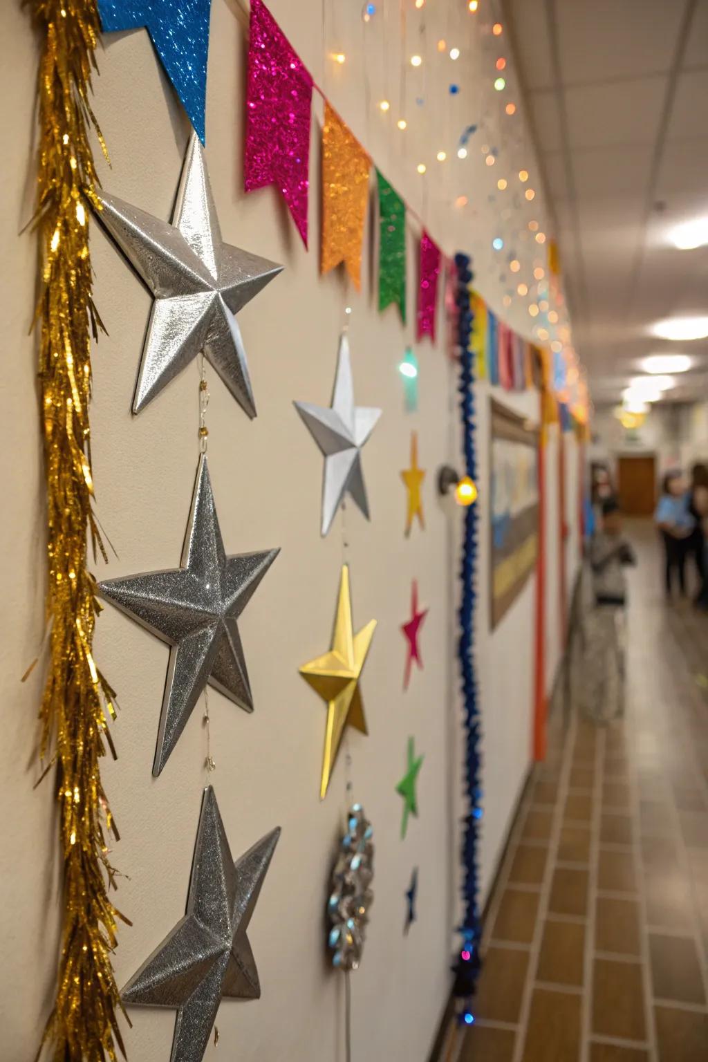 A wall adorned with metallic stars, injecting a glamorous and festive touch.
