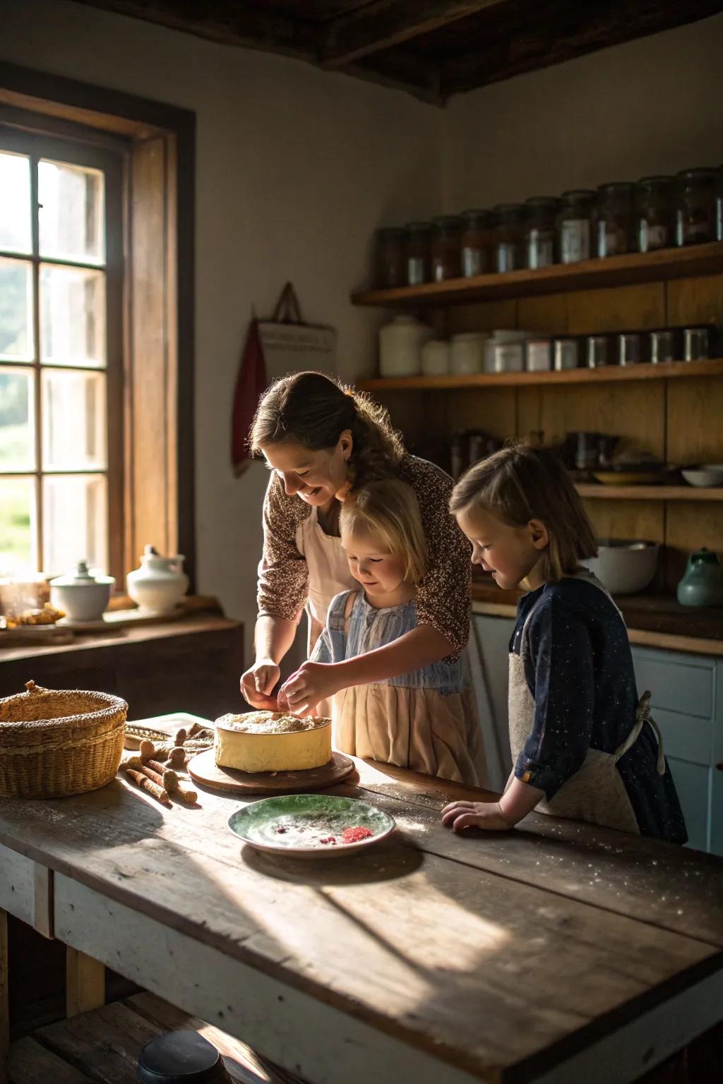 A family enjoying baking together in a rustic kitchen.