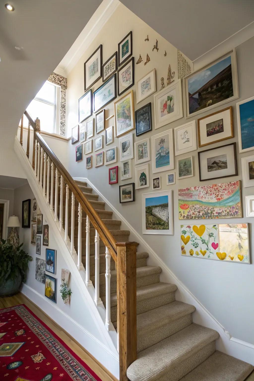 A dynamic gallery wall ascending a staircase.