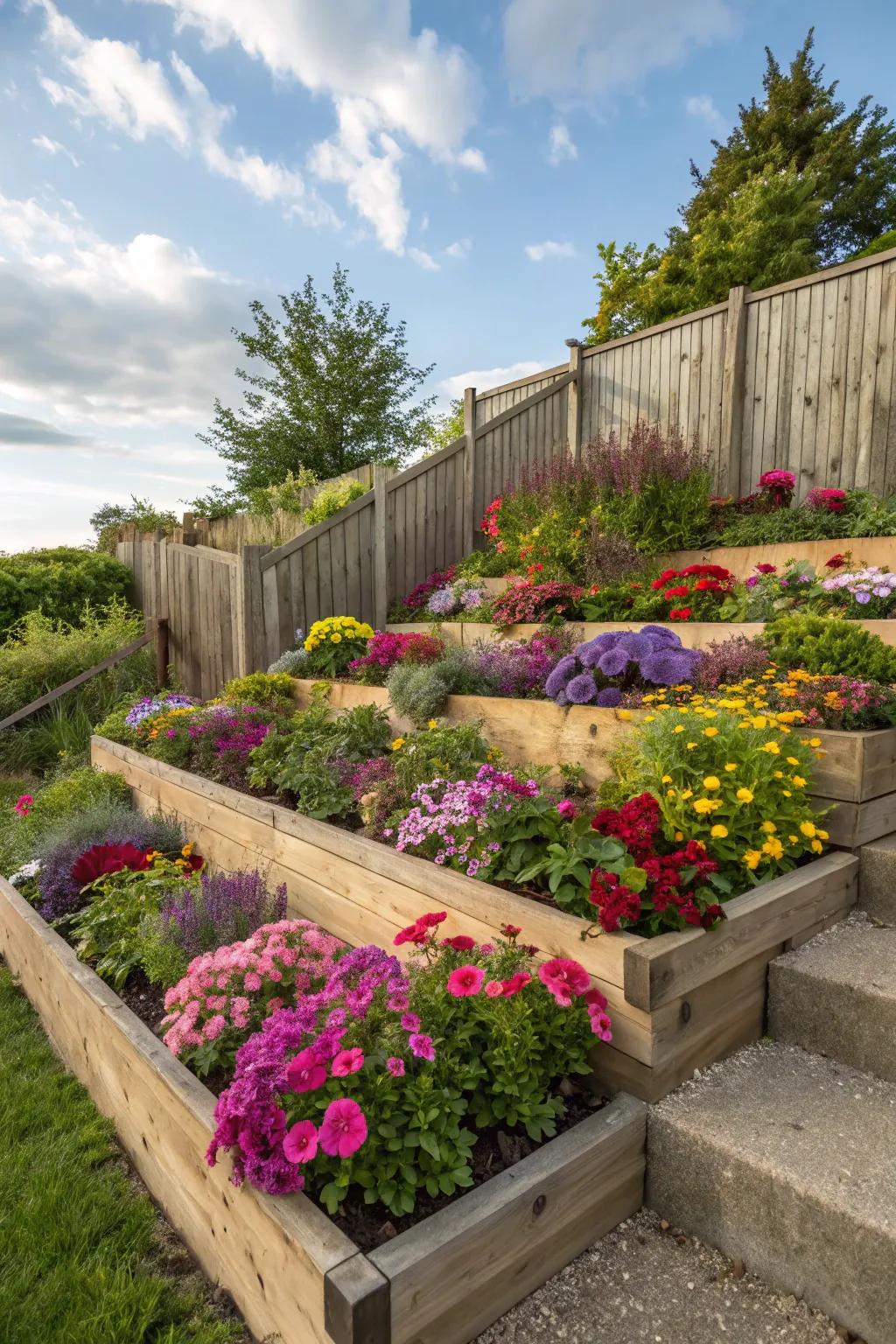 Elevate your garden design with eye-catching tiered raised flower beds.