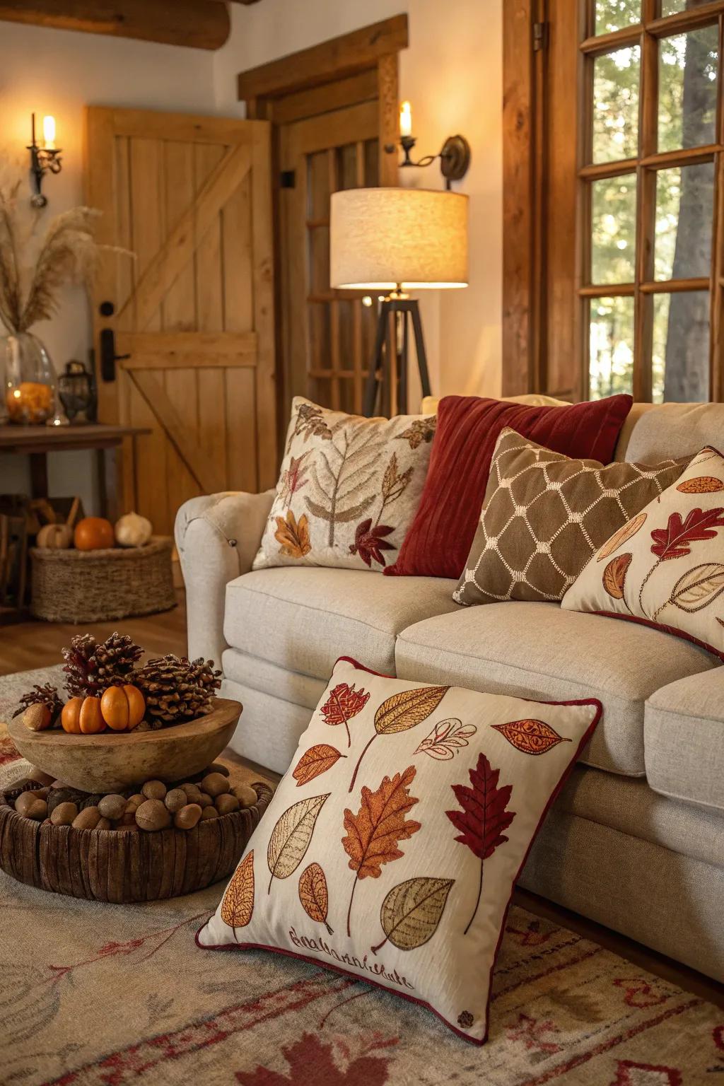 Seasonal cushions in warm autumn shades creating a cozy vibe.