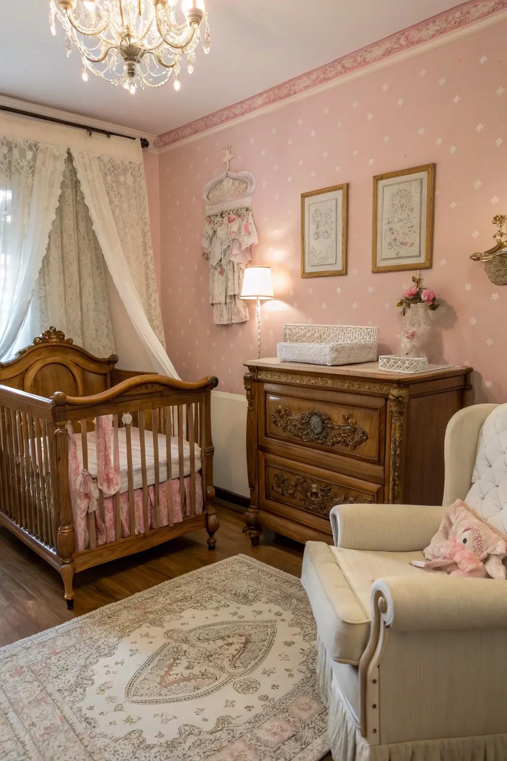 A nursery that combines classic appeal with a rose focal wall.