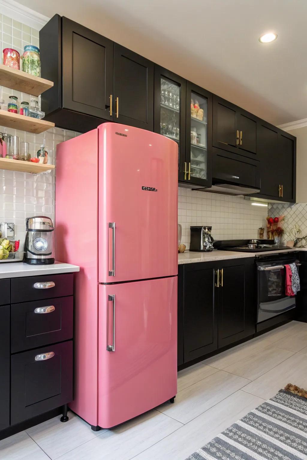 Rose appliances bring charm and warmth to a cooking area filled with charcoal tints.