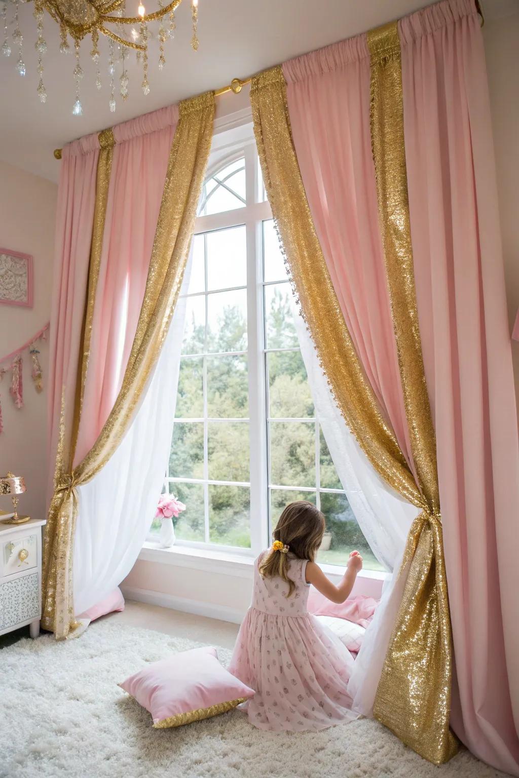 Drapes of gold and pink elegantly outline the windows.