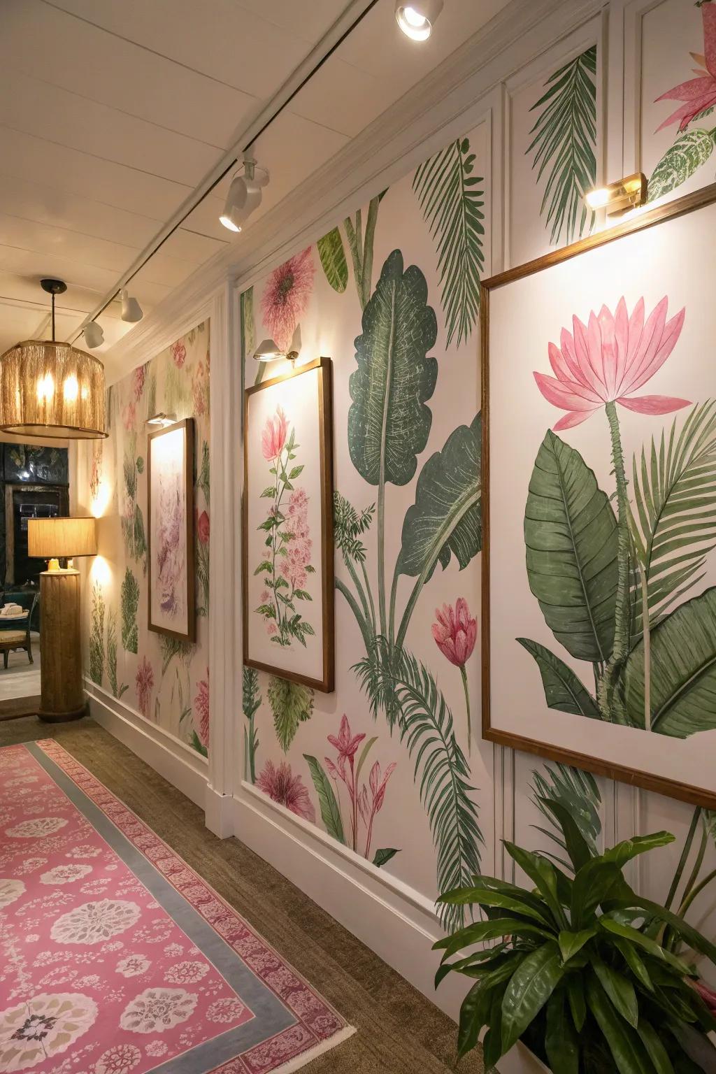 Nature-inspired art with pink and green botanical prints enhances the decor.