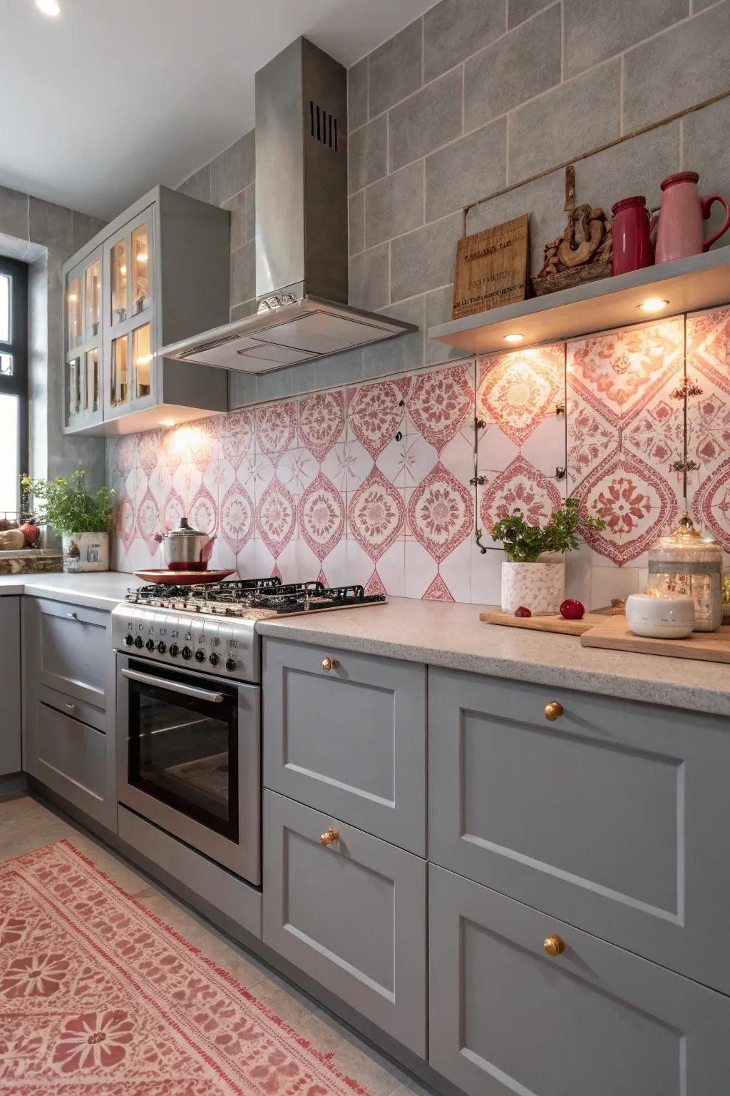 Grey walls with rose-tinted decorative tiles for a fresh design.