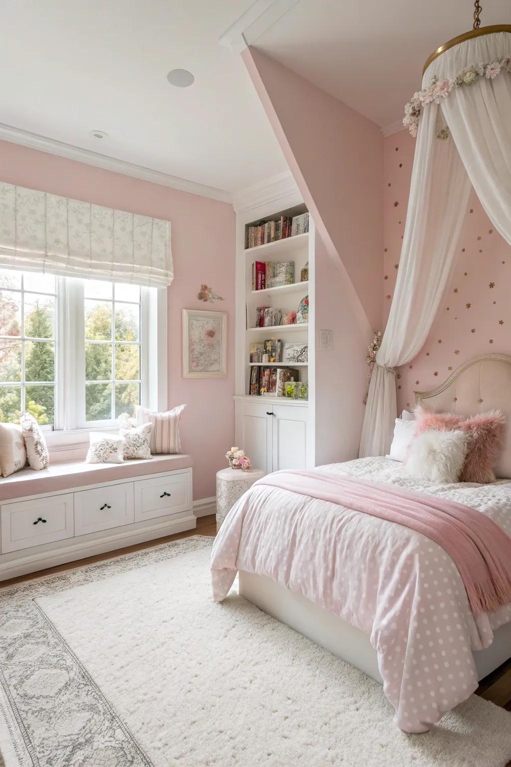 Dreamy pink whispers create a serene and calming bedroom retreat.