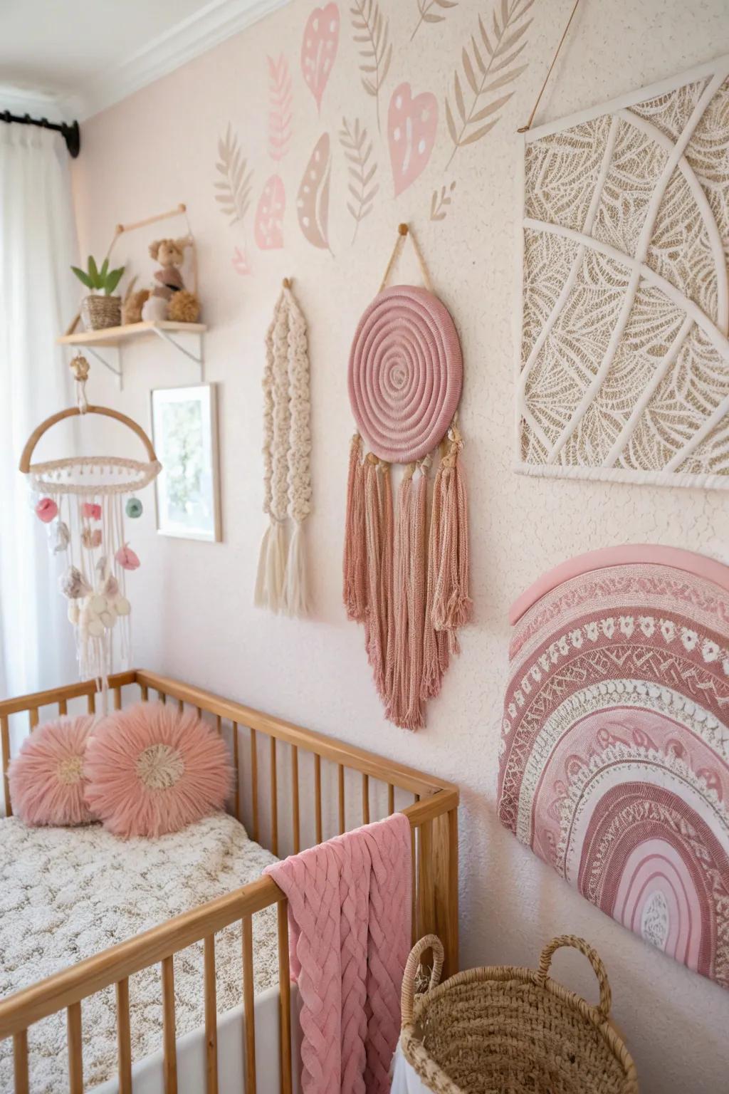 Boho-chic wall hangings bring texture and warmth to the nursery.