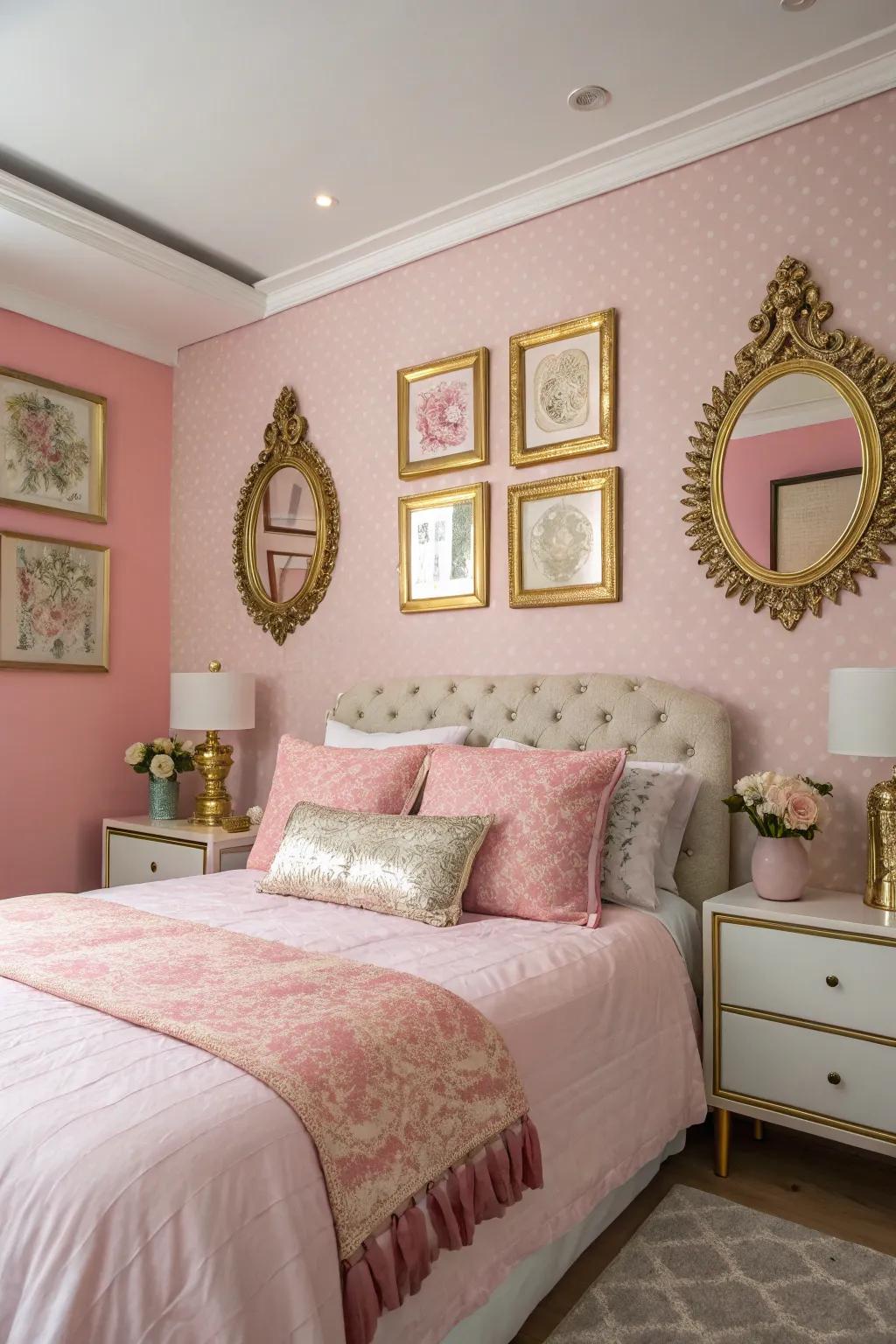 Shimmering gold accents complement the rose decor in this chic bedroom.