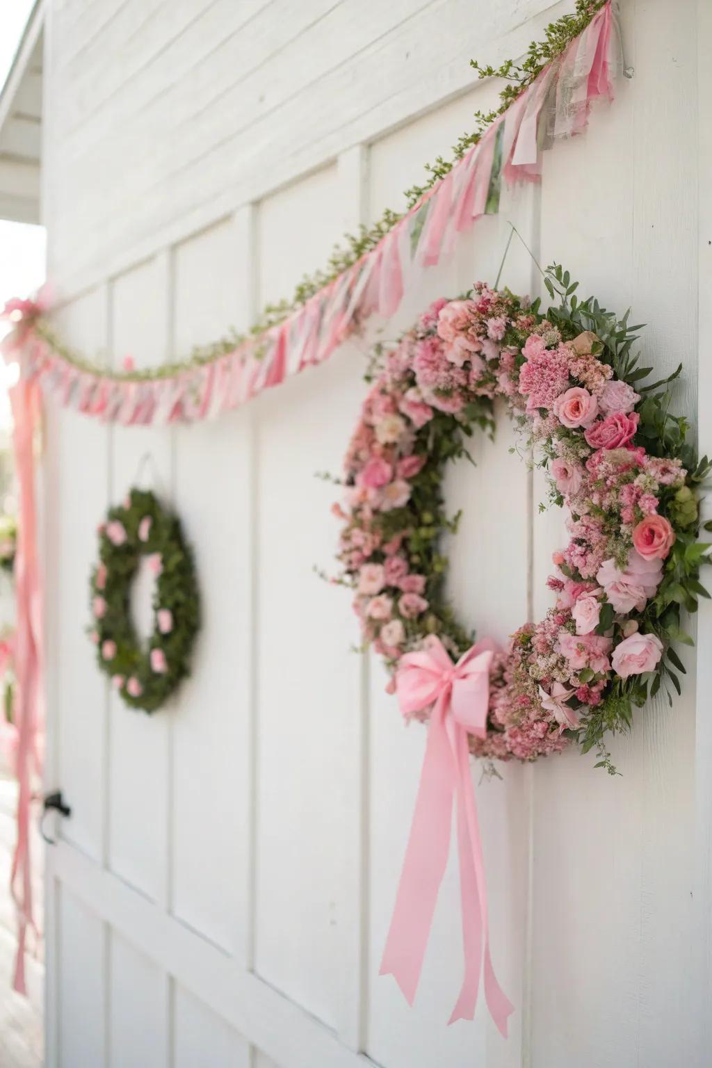 Festive pink wreaths and garlands.