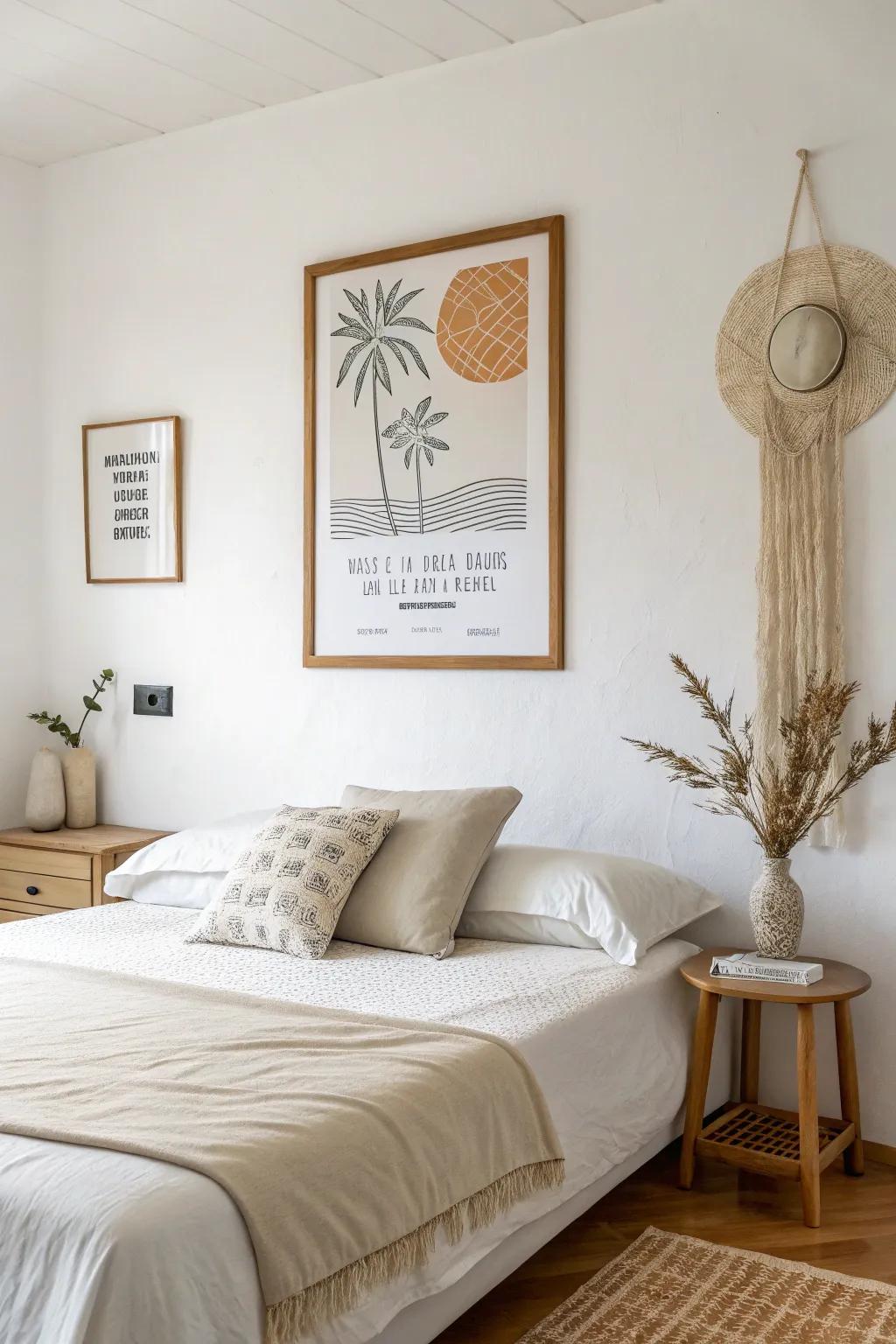 A simple design print creating a calming influence in a peaceful bedroom.