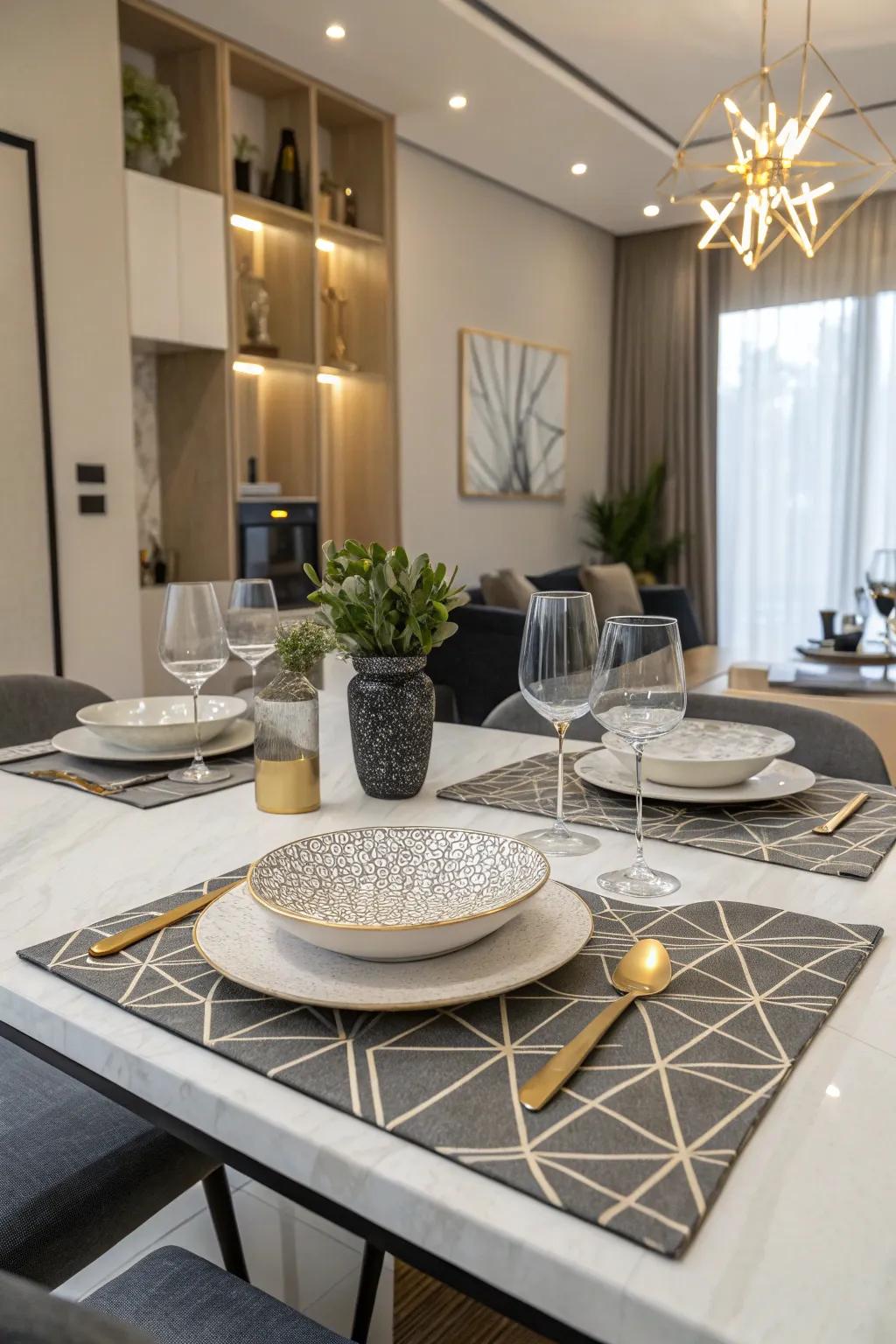 Geometrical placemats imbue a contemporary flair to your dining decoration.