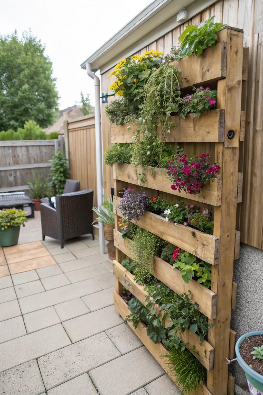 Create a verdant wall with upright wood slats.