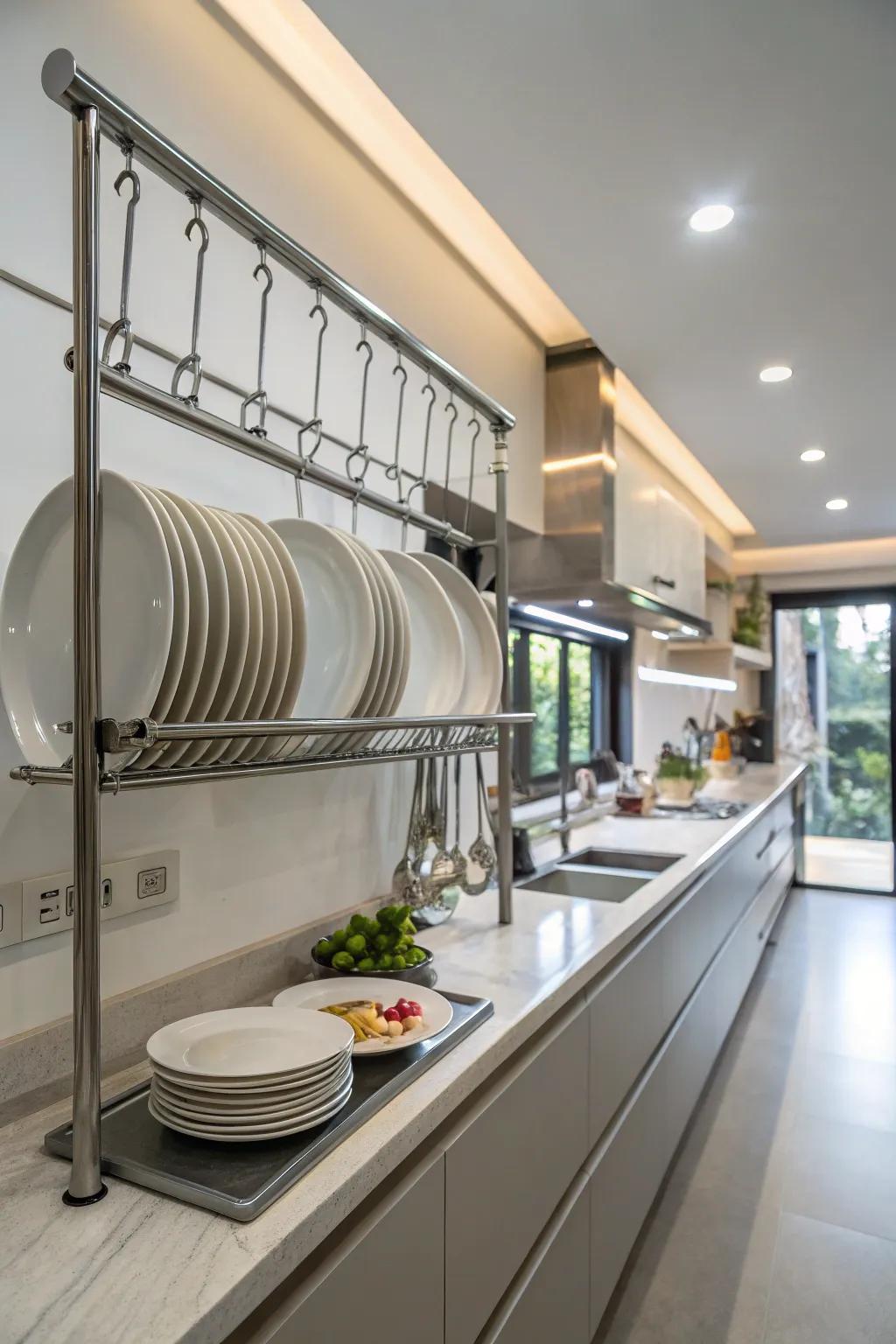 A modern cooking space featuring a streamlined metallic display ledge