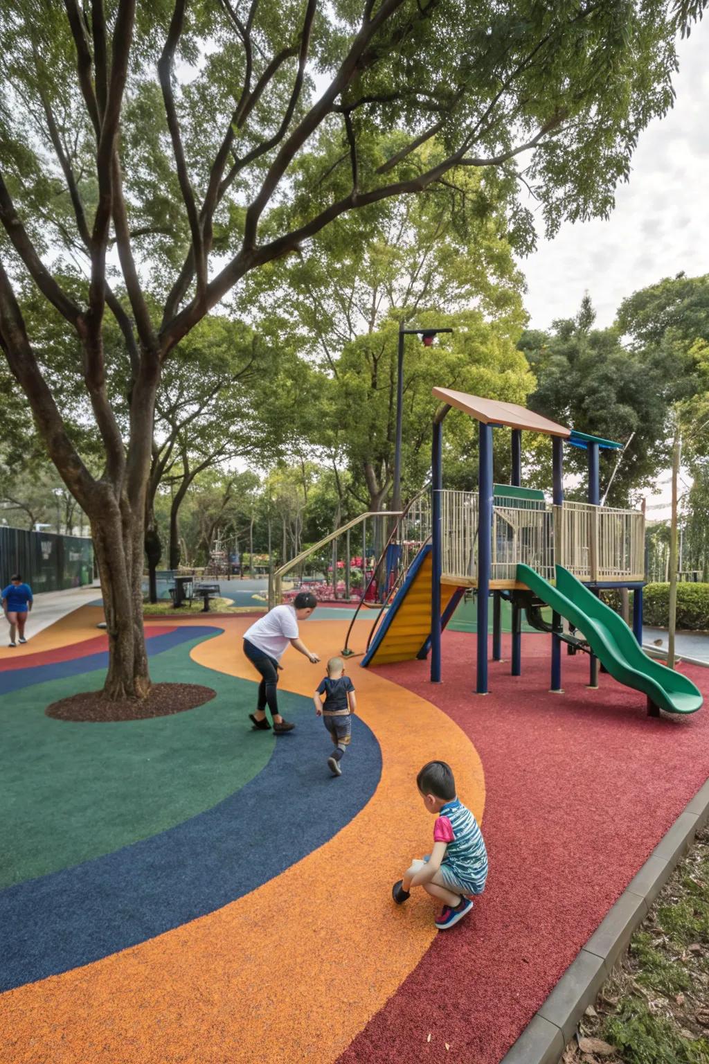 Rubber chippings deliver a sustainable and gentle playground floor.
