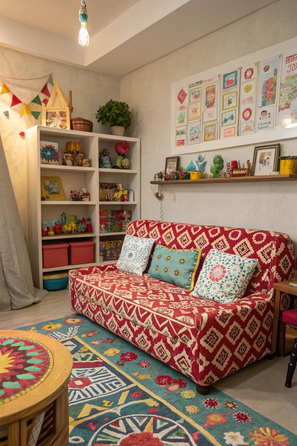 A stylish playroom featuring a sofa adorned with striking patterned upholstery.