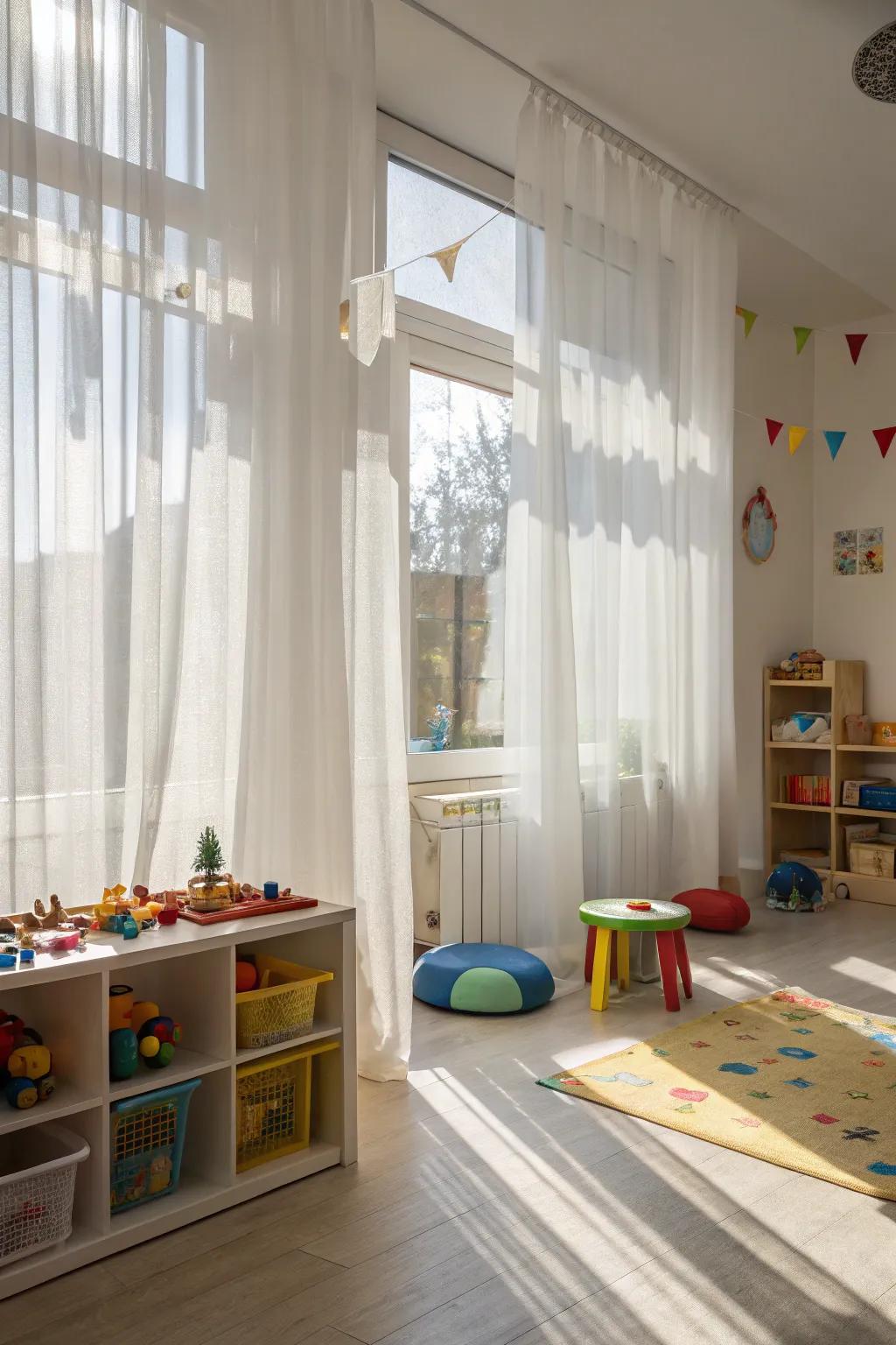 Sheer curtains brighten the playroom with natural light.