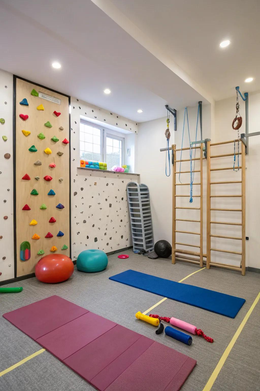 A playroom showcasing fitness equipment, fostering a health-centric lifestyle.