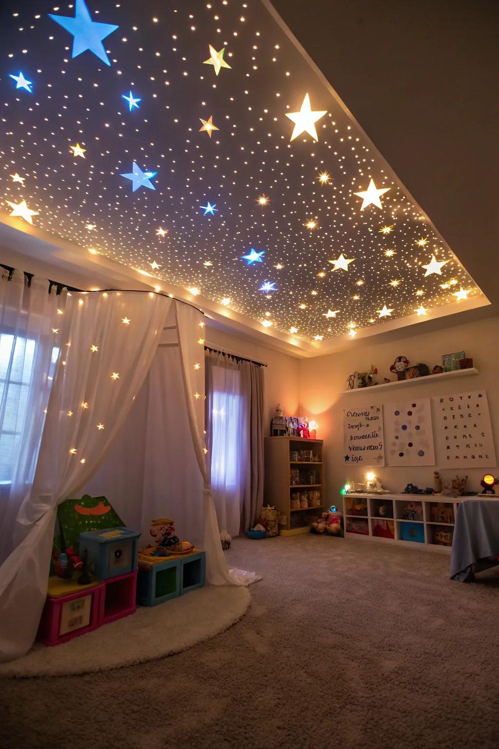 A night sky ceiling transforms the playroom into a dreamscape.