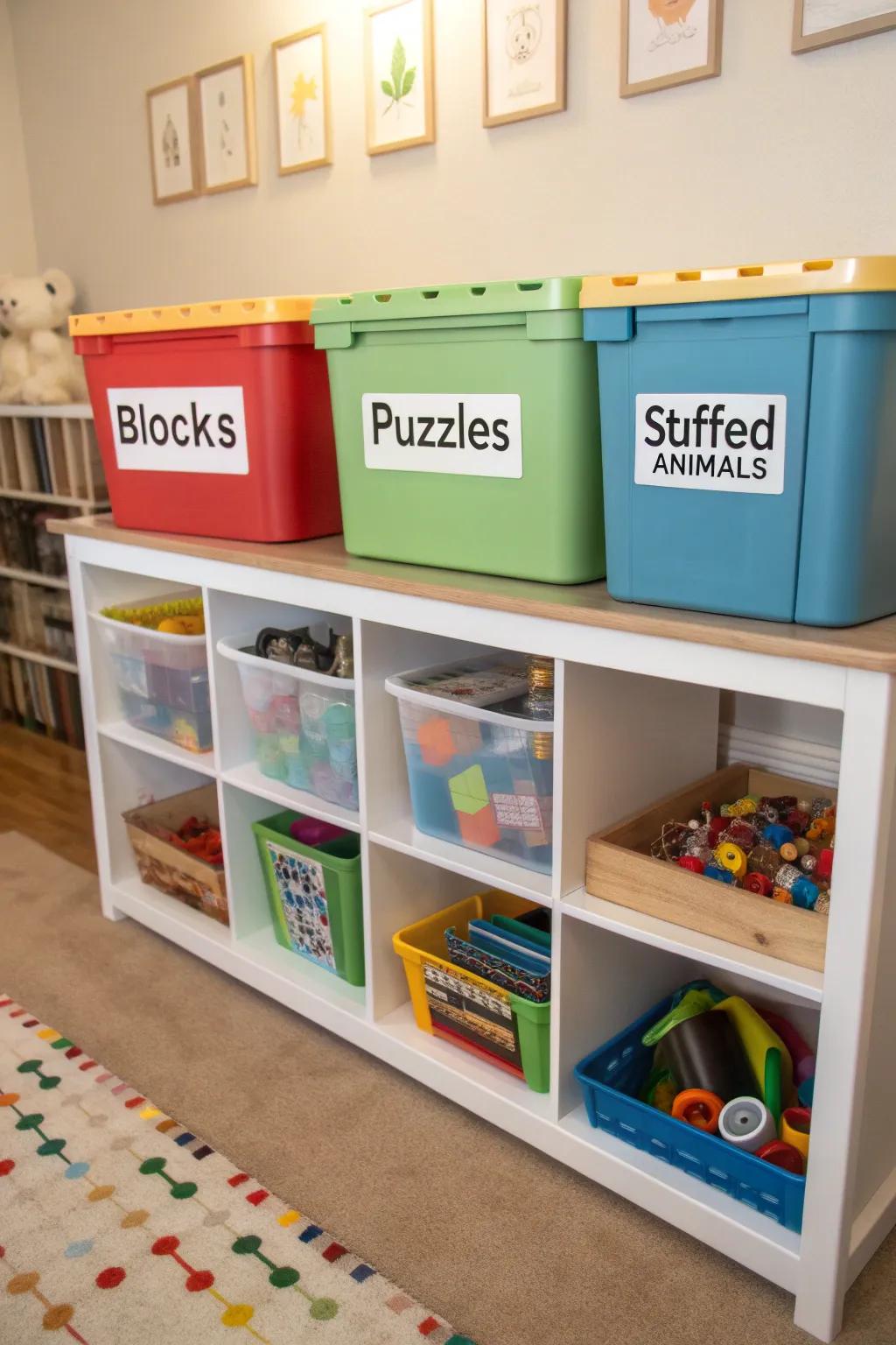 Playroom bins with labels that are easy to read, guaranteeing that everything stays in its proper location.