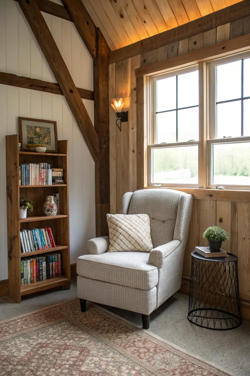 A relaxation nook in a pole barn with a comfy chair and bookshelf.