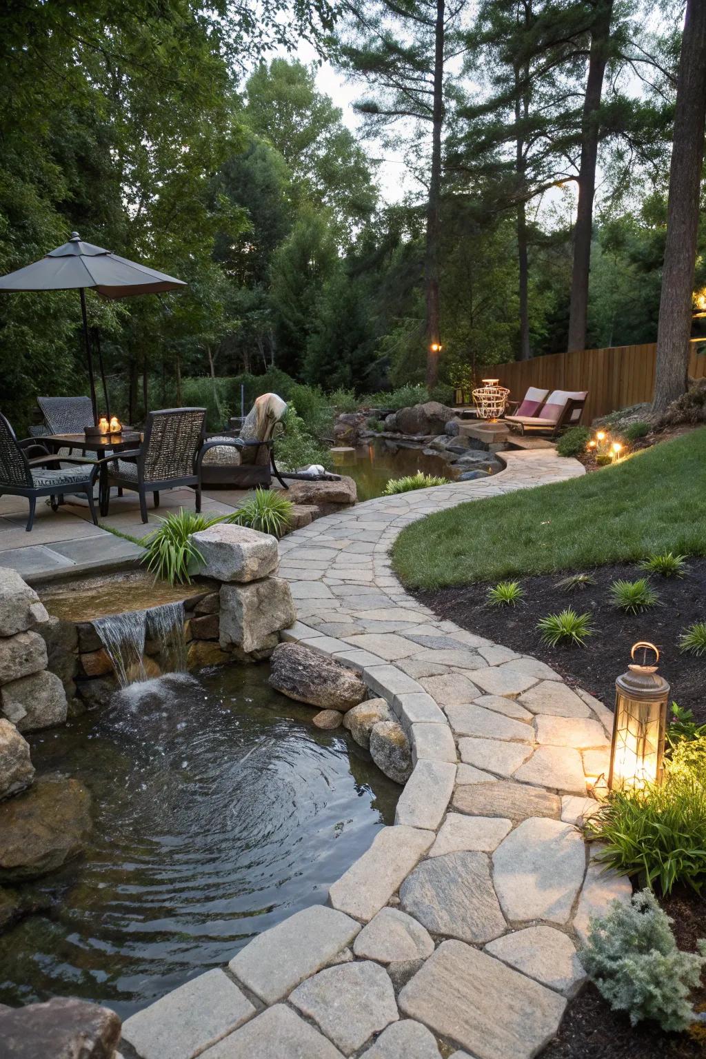 A walkway and lounging sector encourage relaxation by your pond stream.