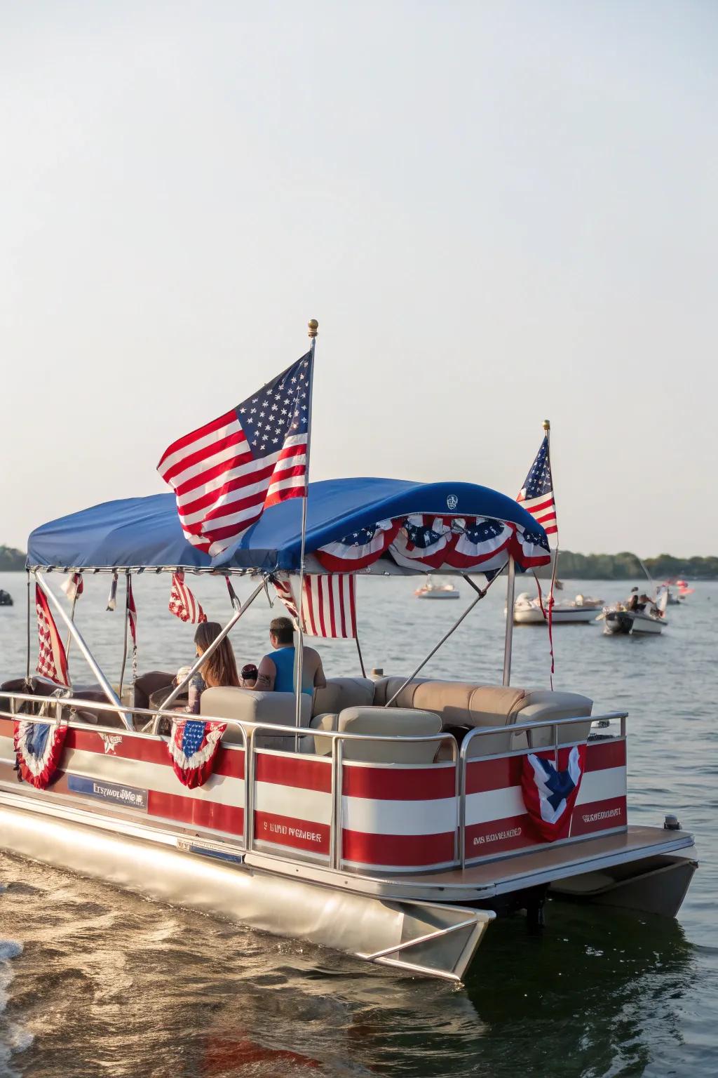 A pontoon boat designed with a patriotic theme, festooned with flags and national shades.