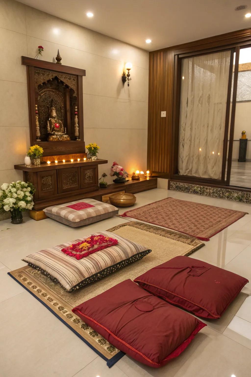 Comfortable floor seating enhances the welcoming feel of this pooja room.