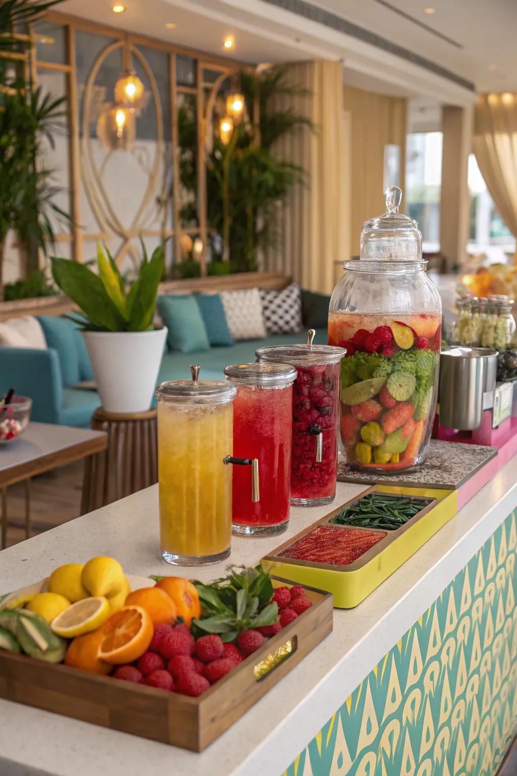 A revitalization bar featuring infused waters and non-alcoholic concoctions for attendees.