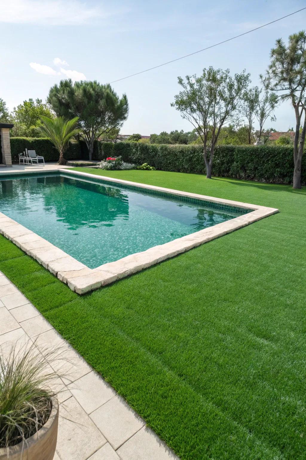 Synthetic turf provides a low-maintenance green solution for pool decks.
