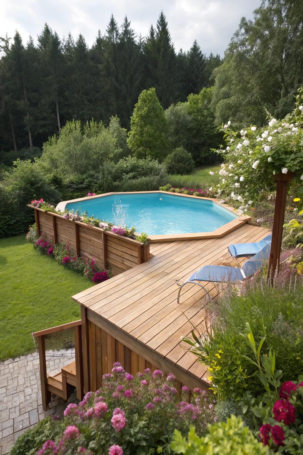 Elevate your pool experience with a stylish deck for your above-ground pool.