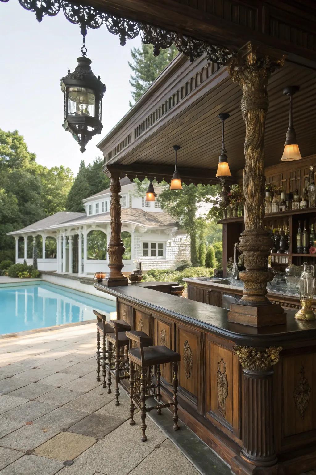 Antique decor brings a nostalgic feeling to your poolside bar.