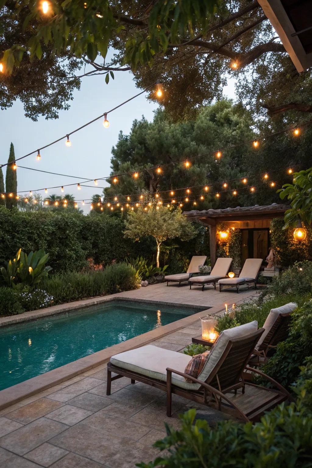 String lights inject a sense of wonder to any poolside gathering.