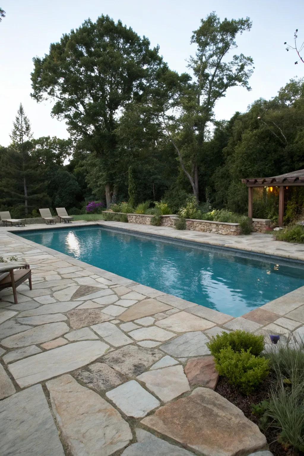 Natural stone decking offers timeless elegance and durability.