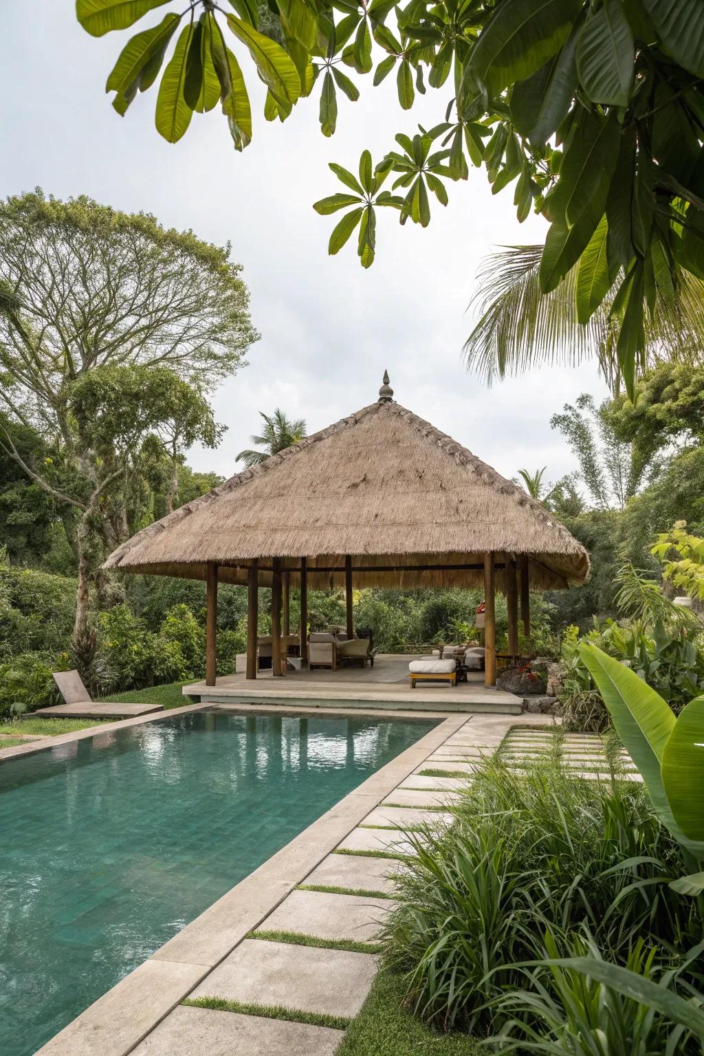 A leafy roof pavilion creates a tropical retreat right in your backyard.